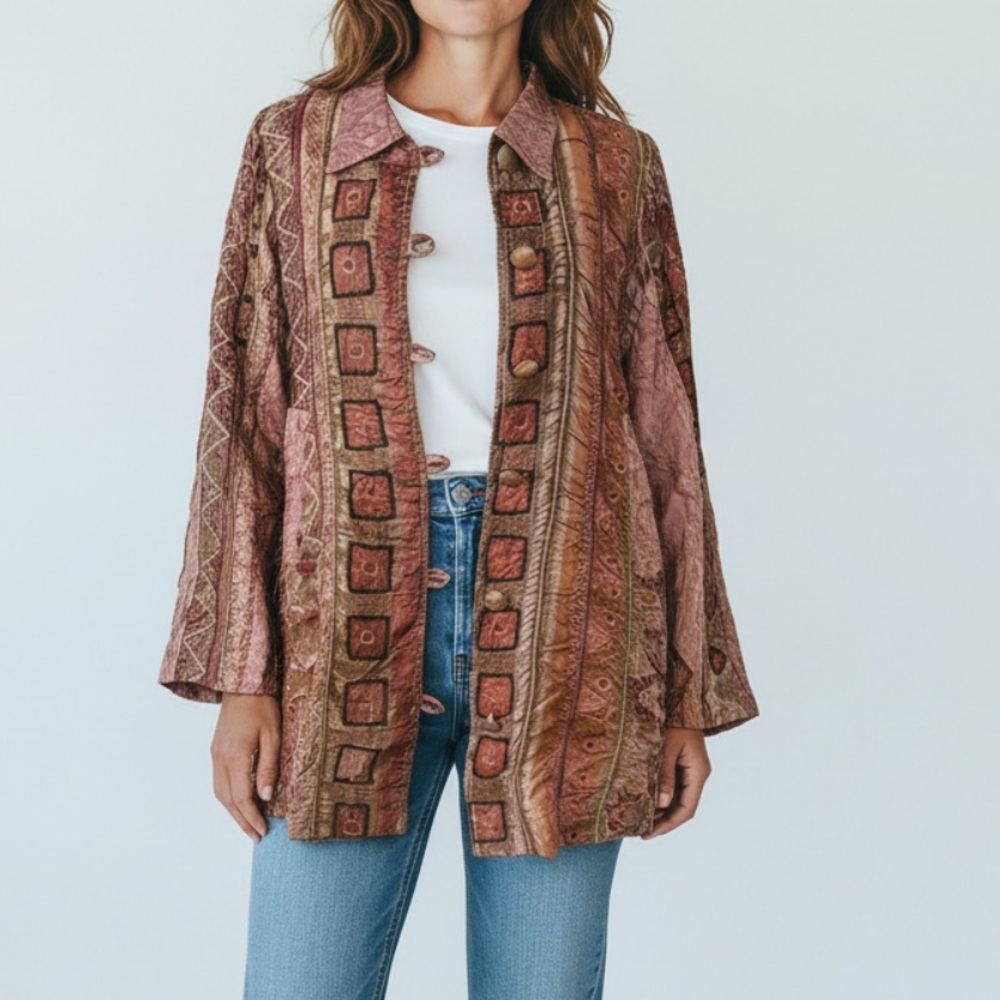 URU Silk Patches Patchwork  Button Tunic  Jacket  One Size XL  Boho Art To Wear